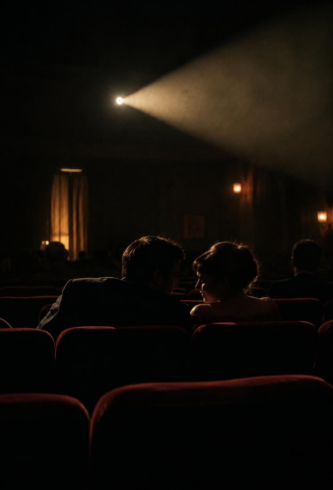 Two figures leaning in to talk under a projector beam